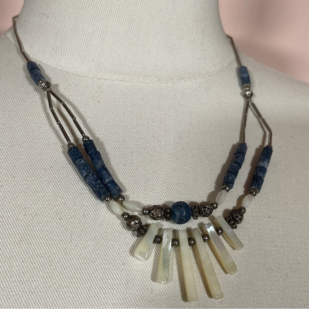 Vintage Blue CORAL and MOTHER OF PEARL Summer Boho Mermaid Whimsical Necklace